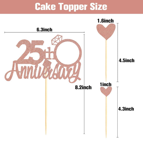 Sumerk 25th Anniversary Cake Topper, 13PCS Rose Gold Glitter Decorations Set for Wedding Celebration Party