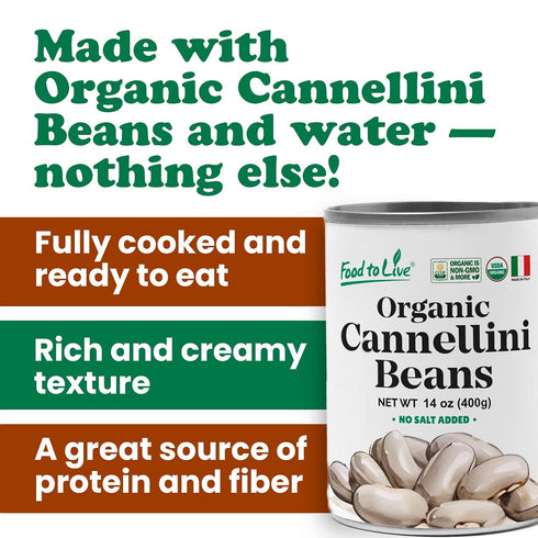 14 oz (Pack 8) Food to Live Organic Italian Canned Cannellini Beans, of - Unsalted Non-GMO White Kidney Beans. Good