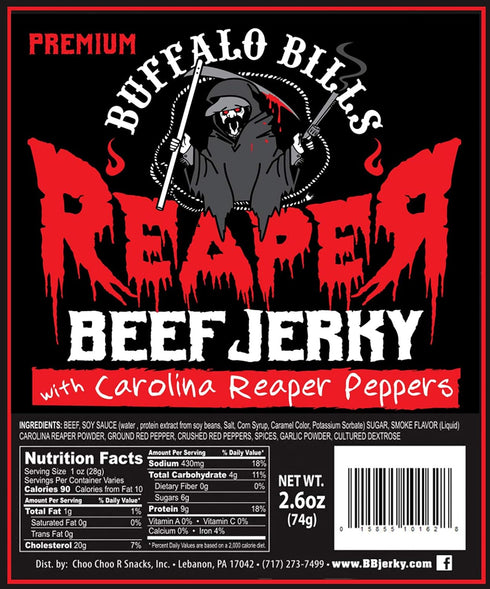 2.6oz 3-Pack Buffalo Bills Reaper Beef Jerky (beef jerky made with Carolina Reaper Peppers)