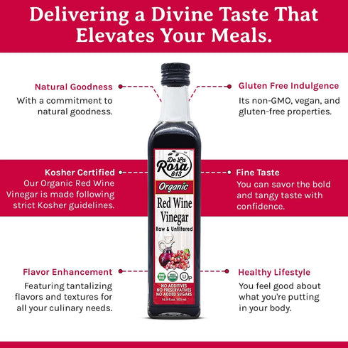 16.9 Oz (Pack 1) De La Rosa Organic Red Wine Vinegar, Raw & Unfiltered, Kosher for Passover, Vegan, Non-GMO & Gluten