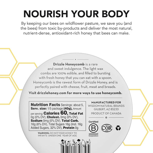 7.05 oz (200 Drizzle Honeycomb - Raw All Natural Honey Comb, Edible Topping for Charcuterie, Unfiltered & Unheated