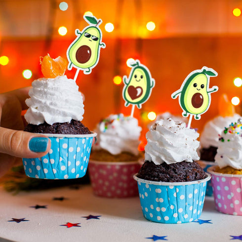 18pcs Glitter Fruit Avocado Cupcake Toppers, Fiesta Party Supplies for Happy Avocado Holy Guacamole Dessert