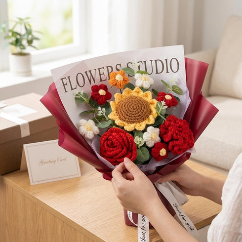 AwnsIMfreien Crochet Flower Bouquet - Knitted Roses & Tulips, Long-Lasting Bouquet of Crochet Flowers for Birthday