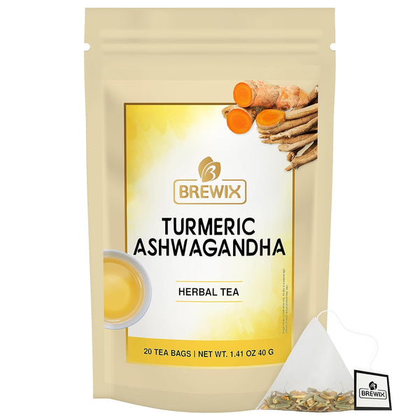 BREWIX Turmeric Ashwagandha Herbal Tea Bags (20 Pyramid Bags) - Caffeine Free, Gluten Free, Pure Herbal Blend