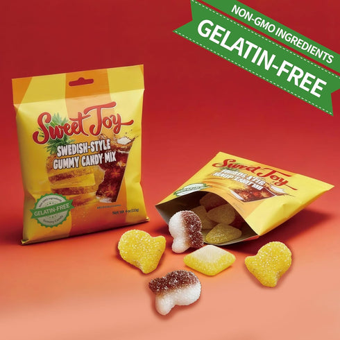 SweetJoy Gummy 16oz (4 4oz), Pack Swedish-Style Candy Mix, Non-GMO, Gelatin-Free, and Pineapple, Cola, Soda Flavored