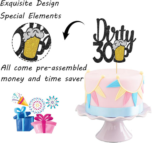 Maicaiffe Black Glitter Dirty 30 Cake Topper, Happy 30th Birthday Decorations