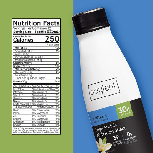 30g 0g 11oz (12 Pack) Soylent Complete Protein Shake, Vanilla, Protein, Vegan, Dairy Free and Sugar, Ready to Drink