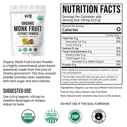 5 oz, 458 Organic Monk Fruit Extract, Pure Monk Fruit Sweetener Organic No Erythritol and Zero Calorie, Sugar