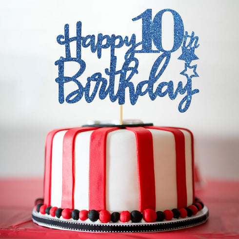 Royal Blue Glitter Happy 10th Birthday Cake Topper, Cheers to 10 Years Party Supplies