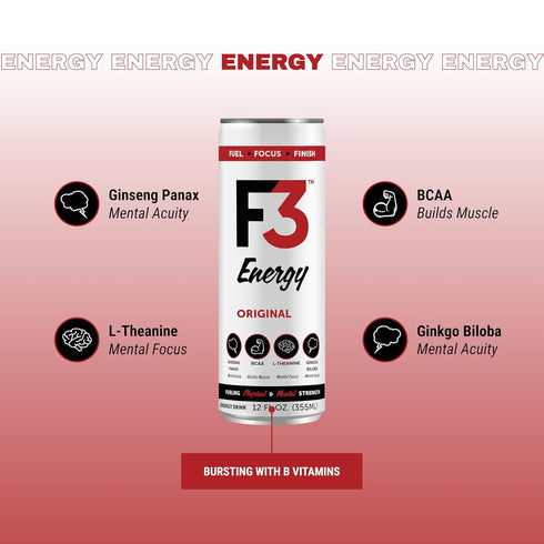 F3 125 (12 pack) Energy Original Energy Drink - Muscle Building Sports Drinks w/BCAA, Panax Ginseng & Ginkgo Biloba
