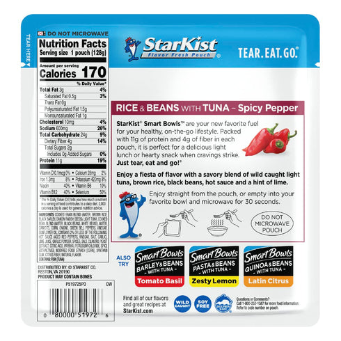 StarKist Smart Bowls Spicy Pepper, 4.5 oz Pouch (Pack of 12) – Wild Caught Light Tuna with Rice & Beans