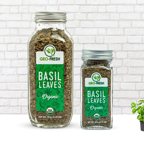 2.47 oz (70g), 100% Geo-Fresh Organic Basil, Non-GMO, Kosher, Organic, Gluten Free, USDA Certified