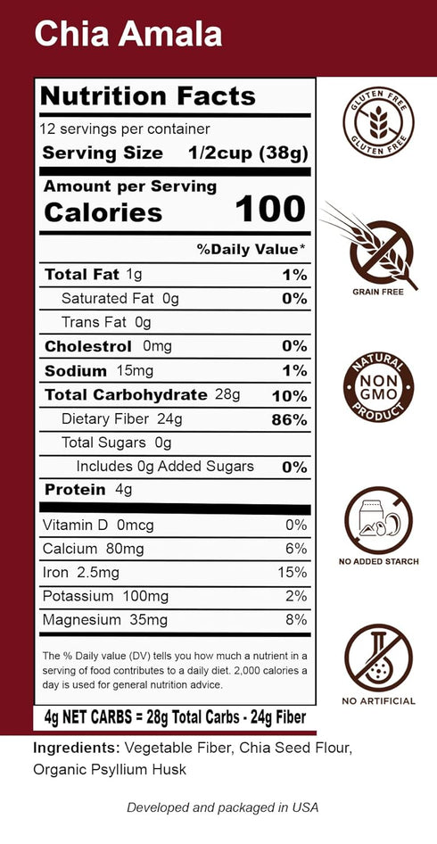 Dals Foods 100% Packaged Healthy Nutritious Fufu, Chia Amala | Natural Flour, Low-Carb, Plant-Based Fiber & Protein