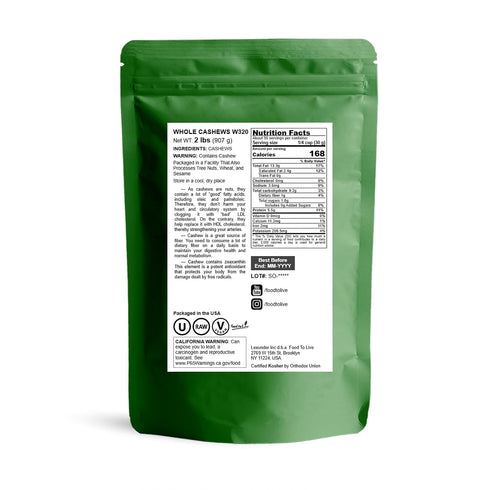 2 W-320, Food to Live Raw Cashews, Pounds - Deluxe Whole Nuts, Unsalted, Unroasted, Size Vegan, Kosher, Bulk