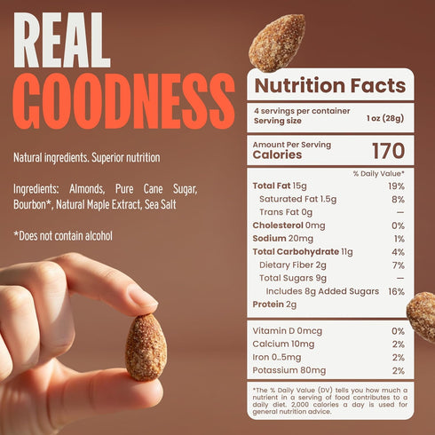 Double Neat 4 (Pack 3) Maple Bourbon Almonds Healthy Bourbon Snacks for Men Vegan & Gluten-Free Slow-Roasted Candied
