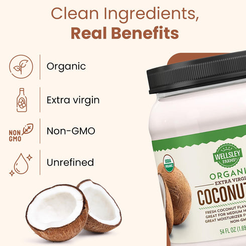 Wellsley Farms 100% 54 oz (1 Pack) Organic Extra Virgin Coconut Oil - Unrefined, Pure & Natural - Vegan, Non-GMO