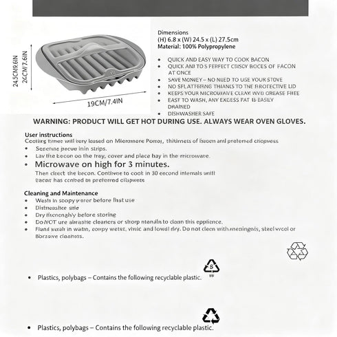goduog Microwave Bacon Cooker with Lid - Efficient Oil Draining Tray for Healthier, Crispy Bacon | Also for Sausages