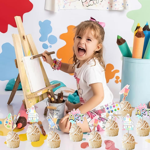 Art Birthday Party Decorations Girl - 24pcs Art Paint Party Cupcake Toppers for Rainbow Art Birthday Supplies