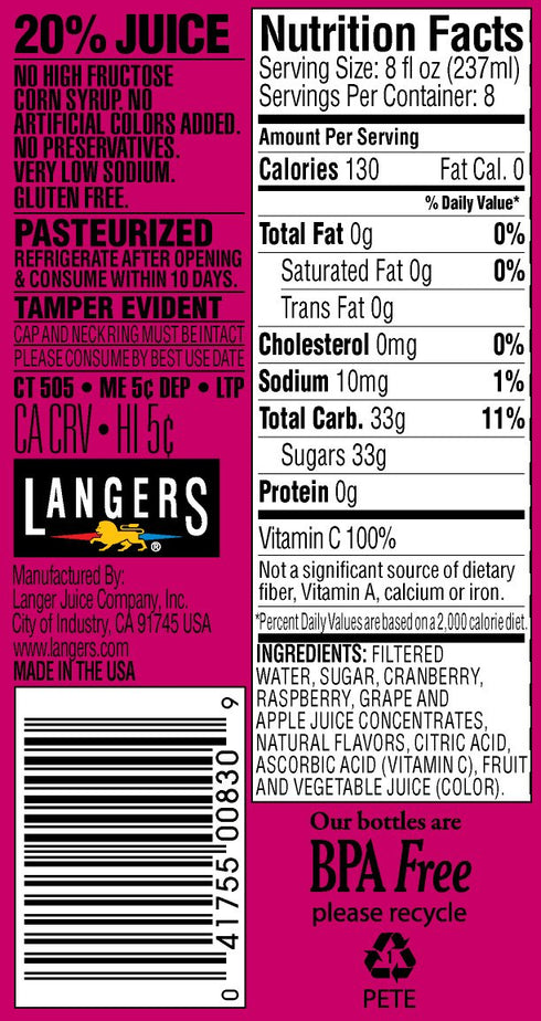 64 Oz (Pack 8) Langers Juice Cocktail, Cranberry Raspberry, Fl