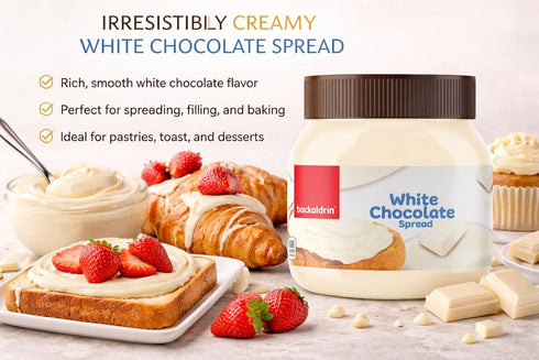 Backaldrin 12.35 oz Premium White Chocolate Spread - Smooth Creamy Butter for Toast, Bagels, Pancakes, Waffles