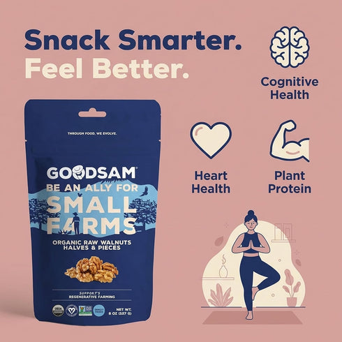 8oz (24oz Pack 3 GoodSAM Small Farms - Organic Raw Walnut Halves & Pieces - Pouch Total) Single Origin - Sourced from