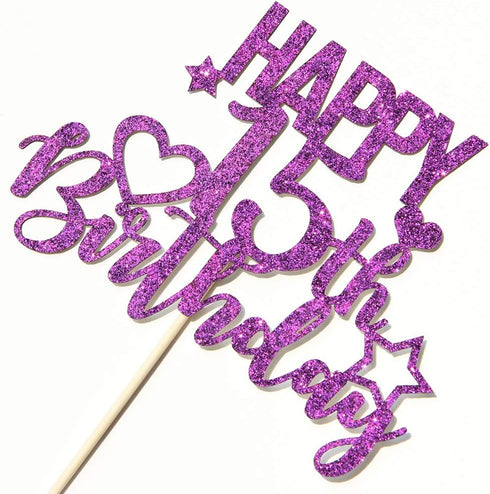 INNORU Purple Glitter Happy 15th Birthday Cake Topper - Cheers to 15 Years, Teenager Children's Party Decorations