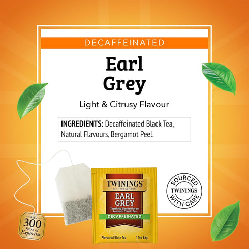 100 Count (Pack 1), 100 Twinings Decaffeinated Earl Grey Black Tea Individually Wrapped Bags, of Flavoured with Citrus