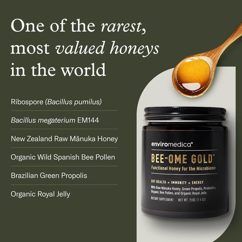 7.4oz Bee-Ome Gold by Enviromedica - Unpasteurized Raw Manuka Honey with Probiotics, Royal Jelly, Bee Pollen