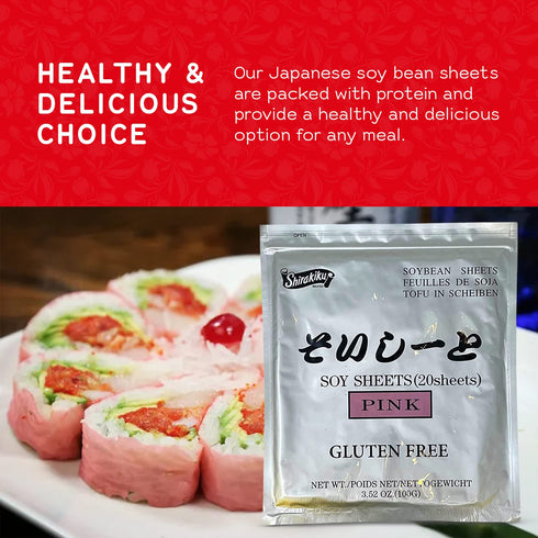 20 (3.52 Oz) Shirakiku Pink Sushi Soy Wrapper- Authentic Japanese Gluten-Free Wraps for Tofu, sushi | Soy Proteins