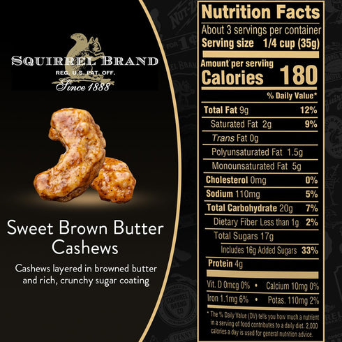 Cashews,3.5 Free,Vegetarian,(Pack 4) Squirrel Brand Sweet Brown Butter Ounces Resealable Bag,Gluten