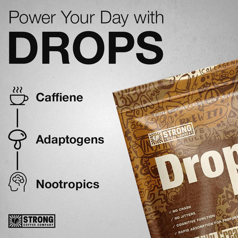 Gummies 16 Pack Strong Coffee Co. Coffee Drops | Organic Ashwagandha | L-Theanine, Reishi, MCT Oil, & Neurofactor | No