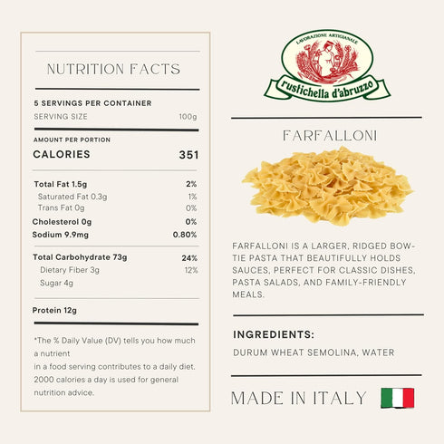 500g, Rustichella d'Abruzzo Farfalloni - Large Bow-Tie Pasta, Soft Ridges for Better Sauce Adherence, Ideal for Pasta