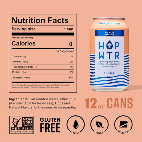 12 Pack, 12 oz HOP WTR Sparkling Hop Water, Peach Sugar Free, Low Carb Non Alcoholic Drinks, NA Beer, Adaptogen Drink