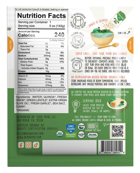 BeanVIVO 3-Pack Salad Protein Booster - Organic Lentils & Quinoa, fully cooked and seasoned, delivering a burst of taste and 10g of protein-packed goodness in every pouch 5oz