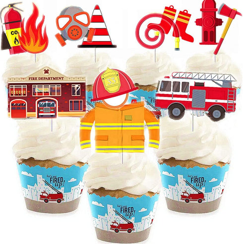 24 Pack Fireman Firefighter Cupcake Toppers - Fire Truck and Fire Extinguishing Cupcake Toppers for Birthday Party
