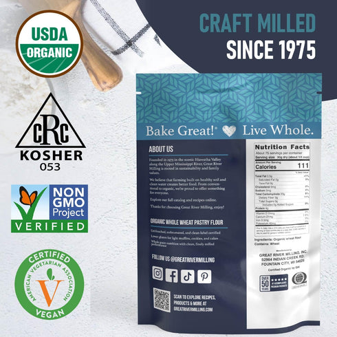 5 Lb Great River Milling Organic Whole Wheat Pastry Flour | Soft Texture, Lower Gluten | USDA Organic, Non-GMO, Kosher