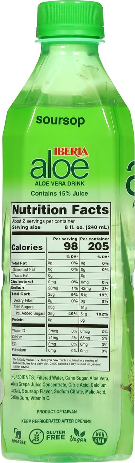 16.9 Oz (Pack 24) Iberia Aloe Vera Drink With Pure Aloe Pulp, Soursop, Fl