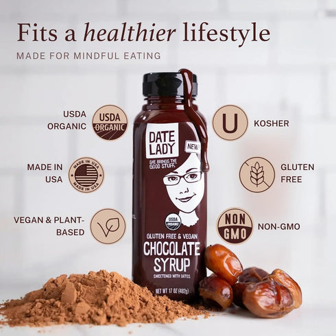 1Squeeze (17oz) Date Lady Chocolate Syrup | Sweetened Only with Dates | Organic, Vegan, Kosher and Dairy Free | Drizzle