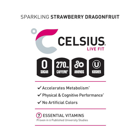 16 Oz (Pack 12) CELSIUS ESSENTIALS Sparkling Dragonberry, Sugar Free Performance Energy Drink, Fl