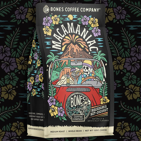 12 Oz Bones Coffee Company Macamaniac, Macadamia and Coconut Flavored Coffee, Medium Roast Low Acid Arabica Beans