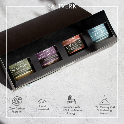 Set 4 12.33 Oz Saltverk Salt Gift - Includes Jars - Flaky, Lava , Birch Smoked, Arctic Thyme Sea Salts- Gourmet