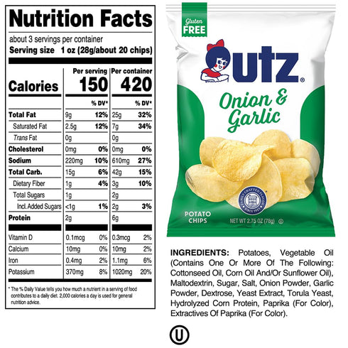 2.75 oz (14 Count) Pack Utz Onion & Garlic Potato Chips Bags Savory and Zesty Flavor with Signature Crunch Snack