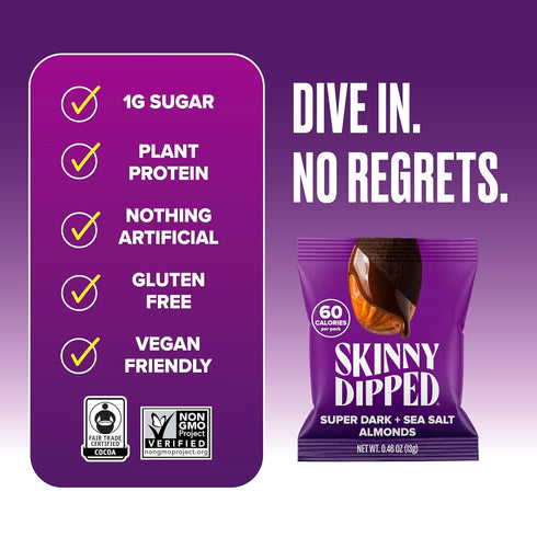 0.46 oz Pack 24 SkinnyDipped Super Dark Chocolate + Sea Salt Almonds, Vegan, Healthy Snack, Plant Protein, Gluten Free