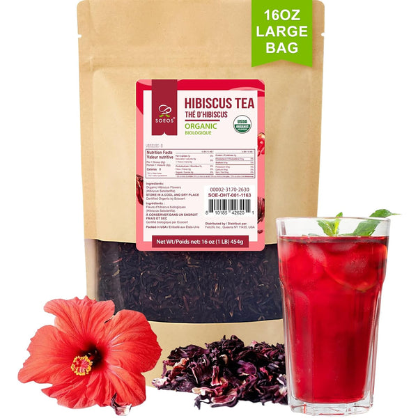 Soeos Organic Hibiscus Flower Herbal Tea, 1lb (16oz), Hibiscus Tea Loose Leaf,