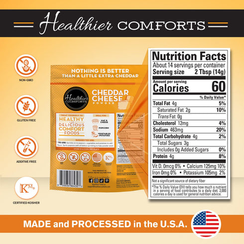 (7 oz) (7 oz) Healthier Comforts Cheddar Cheese Powder | Premium Yellow Cheddar | Batch Tested Gluten Free, Kosher, No