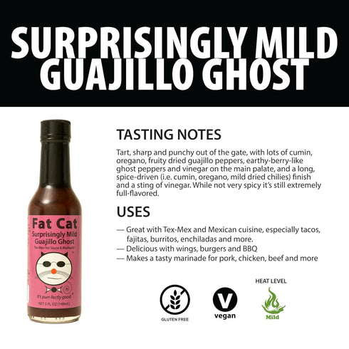 6 Pack Surprisingly Mild Guajillo Ghost Tex-Mex Hot Sauce and Marinade by Fat Cat Gourmet - Savory Smoky Flavor - Mild