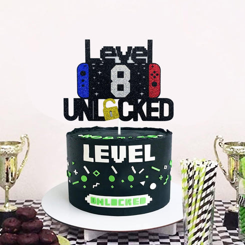 Happy 8th Birthday Cake Topper, Level 8 Unlocked for Kids, Boys & Girls Birthday Party Decoration