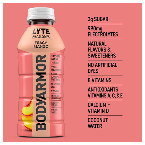 Potassium-Packed 16 Oz (Pack 12) BODYARMOR LYTE Sports Drink Low-Calorie Sports Beverage, Peach Mango, Coconut Water