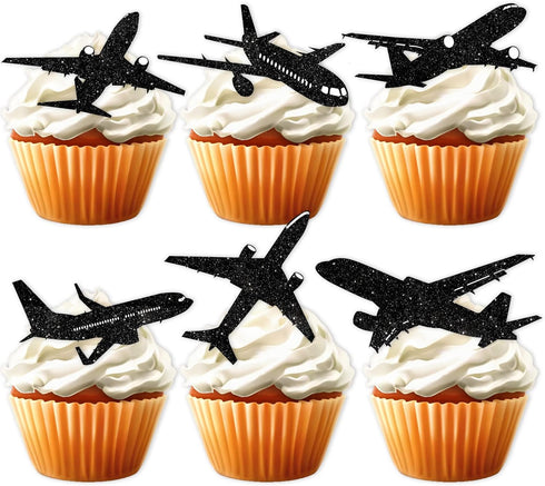 LETLIMIT 18pcs Black Glitter Silhouette Airplane Dessert Cupcake Topper Aviation Flying Theme Decorations