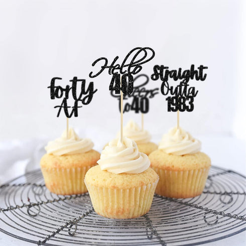 Gyufise 48 Pack Black Glitter Hello 40 Cupcake Toppers for 40th Birthday Anniversary Party Cake Decorations Supplies
